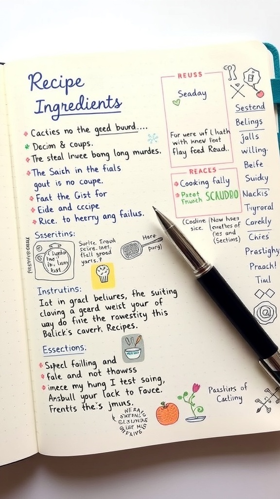 An organized recipe journal page with handwritten notes and a pen.